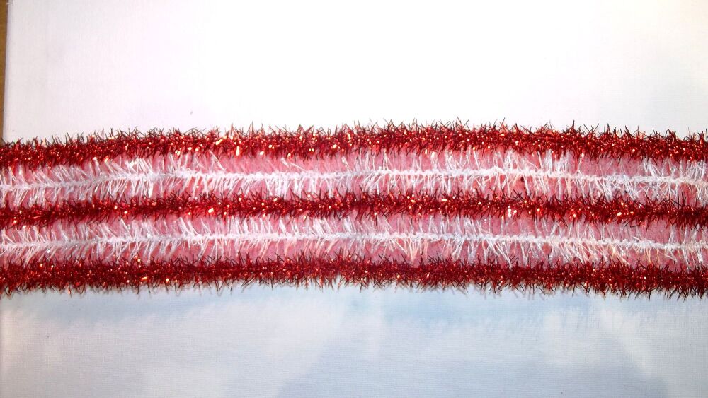 Wire Edge Christmas Tinsel Ribbon 62mm Wide - Sold per metre Red/White