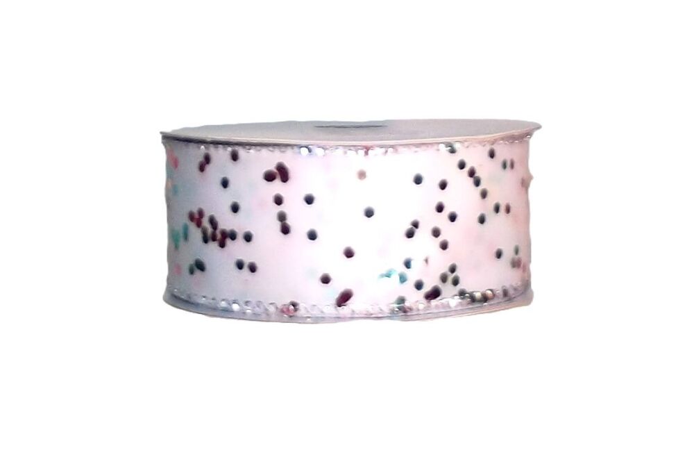 Wire Edge Christmas Confetti Dots Ribbon 38mm Wide - Sold per metre White