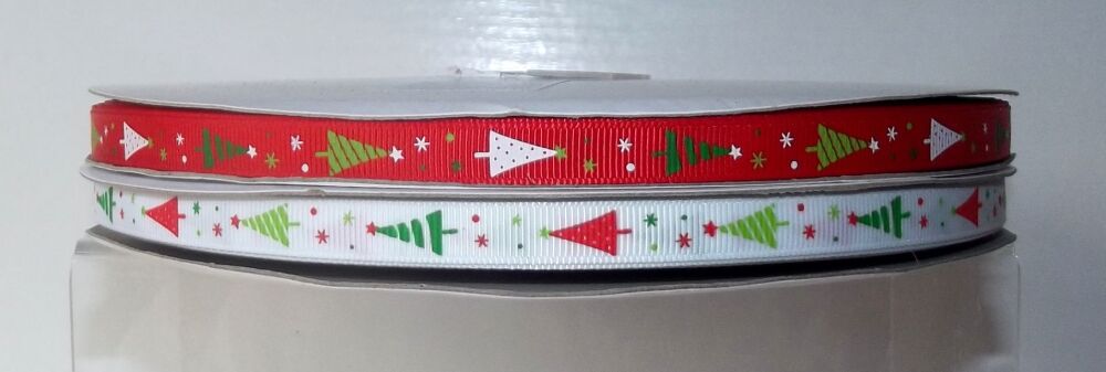 Christmas Grosgrain Ribbon 10mm Wide Sold per Metre Trees Red or White