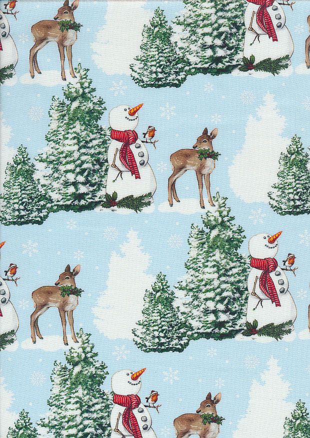 Classic Christmas Fabric 112cm Wide Sold as FQ, 1/2m, 1m Winter Wonderland 3391-01 Lt Blue