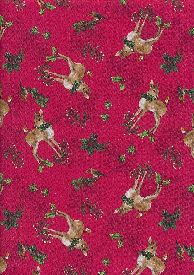 Classic Christmas Fabric 112cm Wide Sold as FQ, 1/2m, 1m Little Deer 3391-02 Red