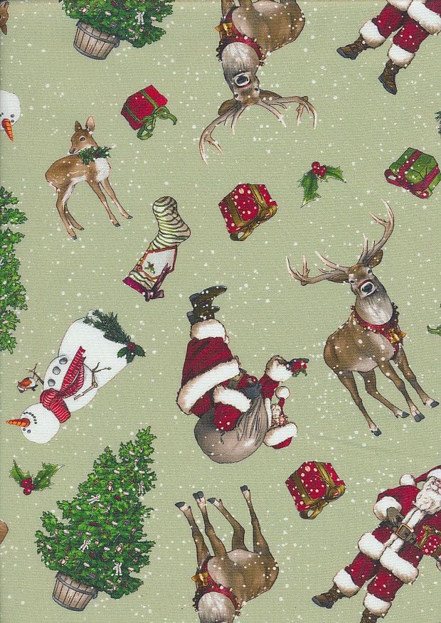 Classic Christmas Fabric 112cm Wide Sold as FQ, 1/2m, 1m Christmas Icons 3391-05 Sage Green