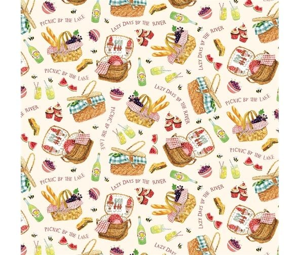 Fabric Picnic by the Lake 112cm wide 1.4 metre length Picnic Baskets Cream