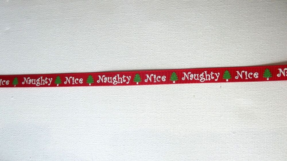 Christmas Grosgrain Ribbon 10mm Wide - Sold per Metre Naughty or Nice Red Glitter