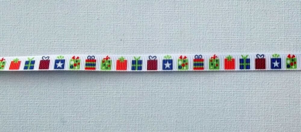 Christmas Grosgrain Ribbon 10mm Wide - Sold per Metre Presents White