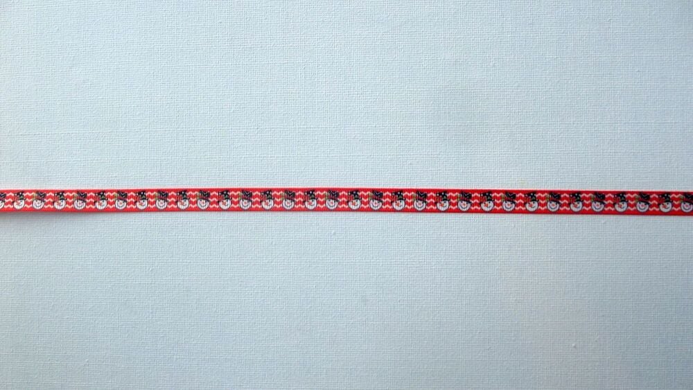 Christmas Grosgrain Ribbon 10mm Wide - Sold per Metre Snowman Faces Red