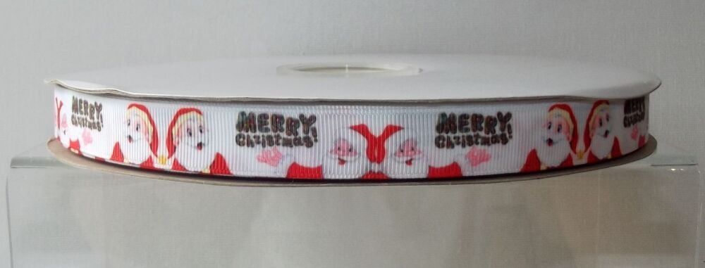 Christmas Grosgrain Ribbon 16mm Wide - Sold per Metre Santa Merry Christmas Red/White