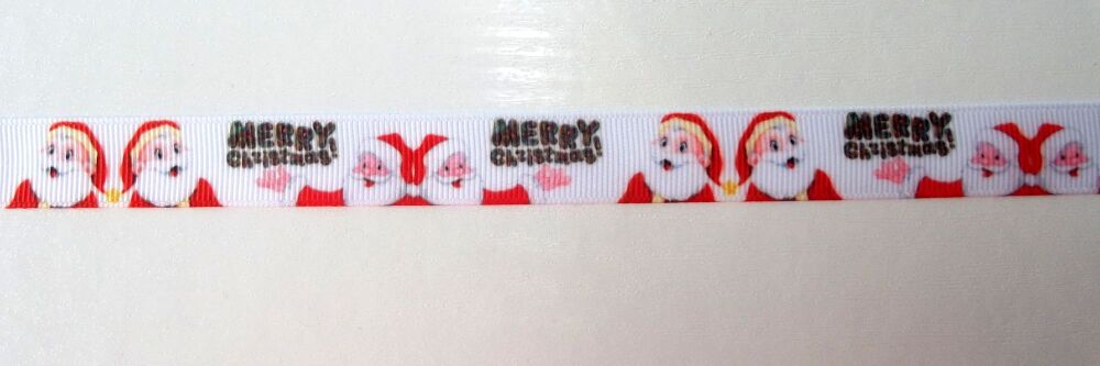 Christmas Grosgrain Ribbon 16mm Wide - Sold per Metre Santa Merry Christmas Red/White