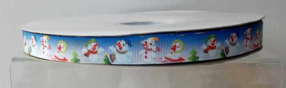 Christmas Grosgrain Ribbon 16mm Wide - Sold per Metre Snowman Blue