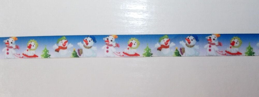 Christmas Grosgrain Ribbon 16mm Wide - Sold per Metre Snowman Blue