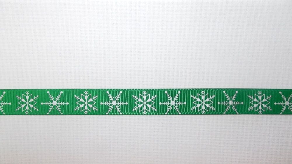 Christmas Grosgrain Ribbon 16mm Wide - Sold per Metre Snowflakes - Green