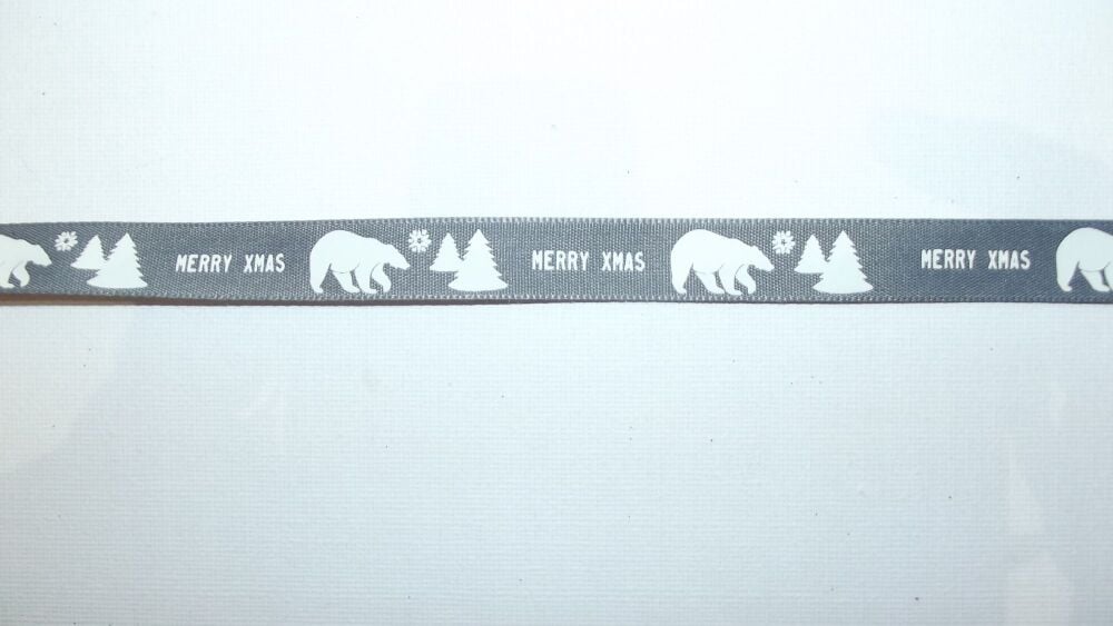 Christmas Grosgrain Ribbon 16mm Wide - Sold per Metre Polar Bear - Grey