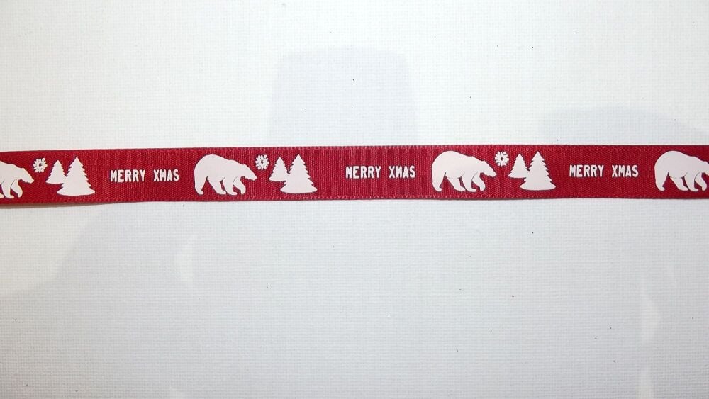 Christmas Grosgrain Ribbon 16mm Wide - Sold per Metre Polar Bear - Red