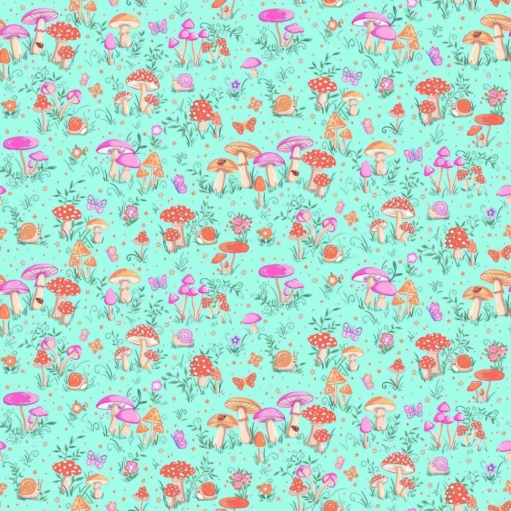 Fairy Dust Fabric 112cm (44") Wide Sold as FQ, 1/2m or 1m 051/T Toadstools Turquoise