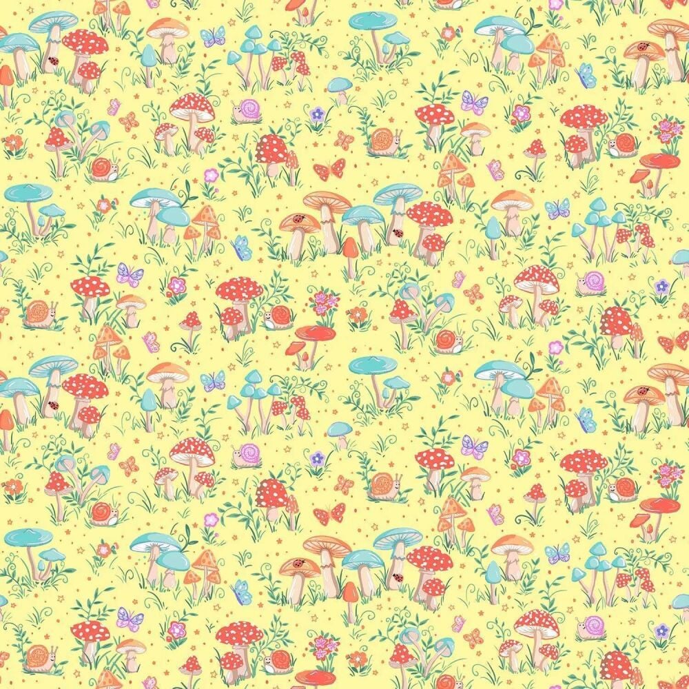 Fairy Dust Fabric 112cm (44") Wide Sold as FQ, 1/2m or 1m 051/Y Toadstools Yellow