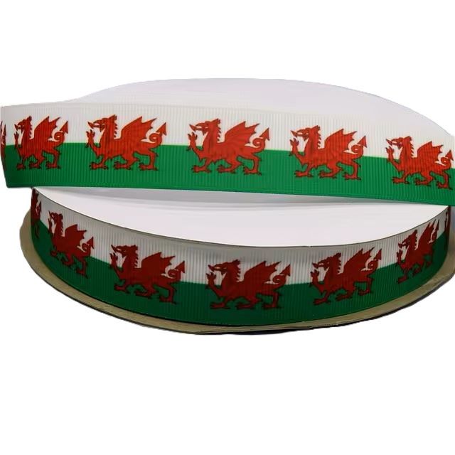 Welsh Dragon Wales Flag Grosgrain Ribbon 10/16mm Wide - Sold per Metre