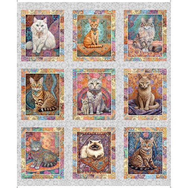Quilt Room Kitties Block Panel by QT Fabrics 90cm x 110cm approx 6205-107 Grey