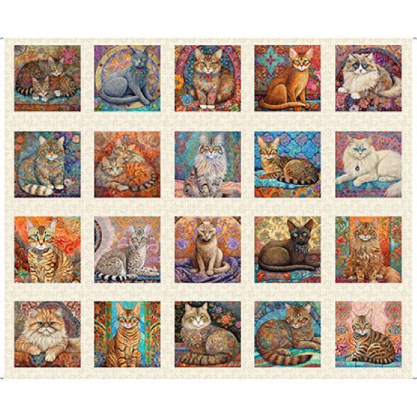 Quilt Room Kitties Block Panel by QT Fabrics 90cm x 110cm approx 6205-108 Cream