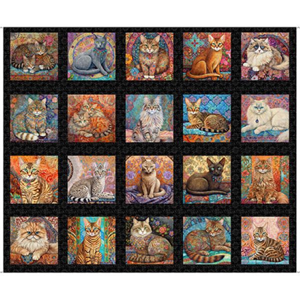 Quilt Room Kitties Block Panel by QT Fabrics 90cm x 110cm approx 6205-109 Black