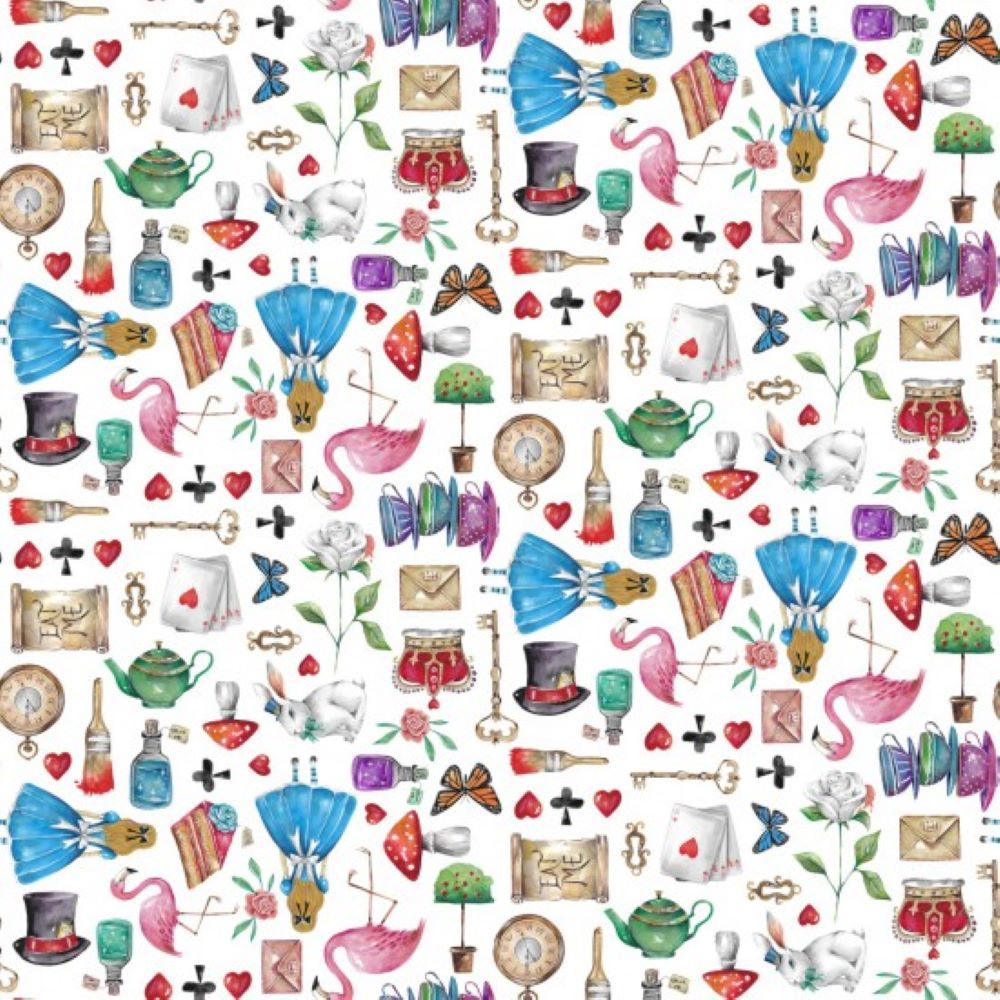 Alice in Wonderland Fabric 112cm (44") Wide Sold as FQ, 1/2m or 1m 81540-102 Elements White