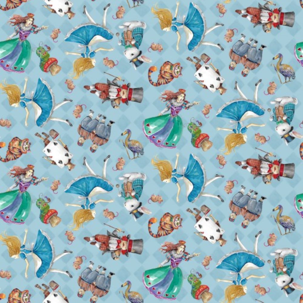Alice in Wonderland Fabric 112cm (44") Wide Sold as FQ, 1/2m or 1m 81540-103 Characters Blue