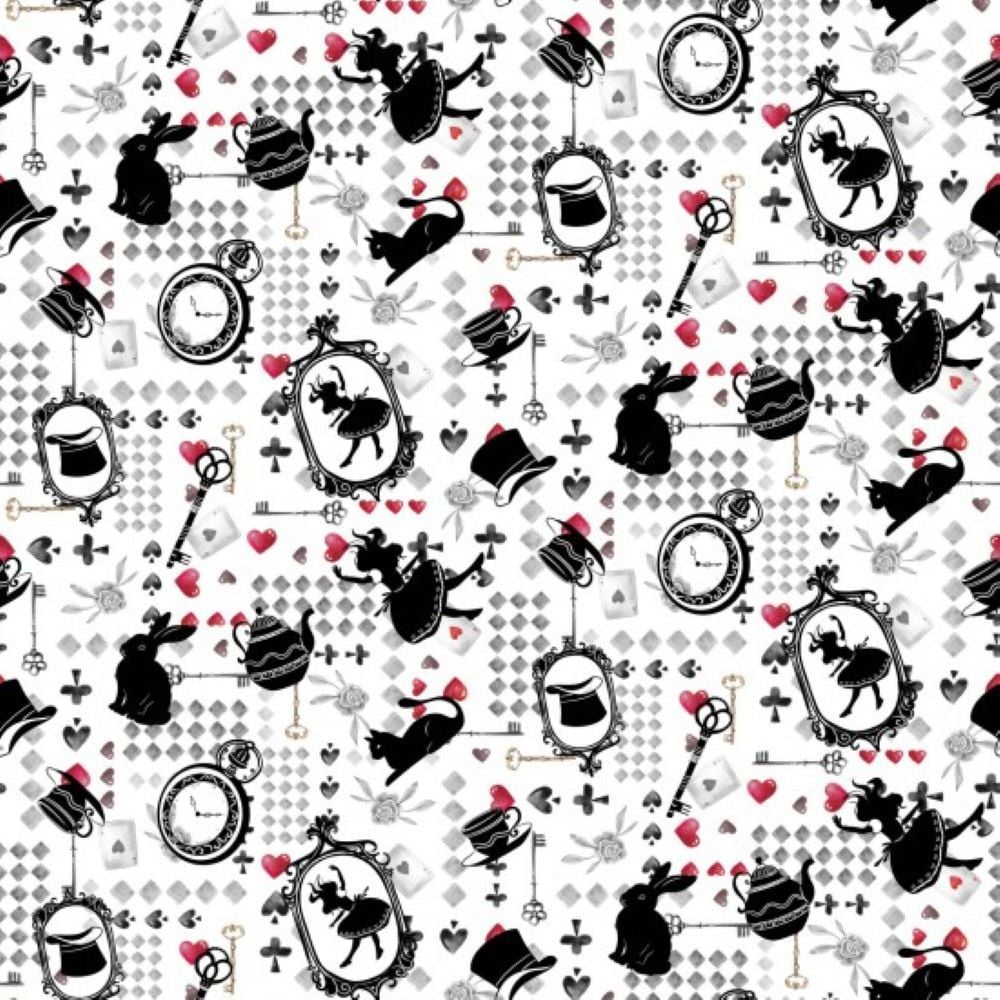 Alice in Wonderland Fabric 112cm (44") Wide Sold as FQ, 1/2m or 1m 81540-104 Silhouette B/W