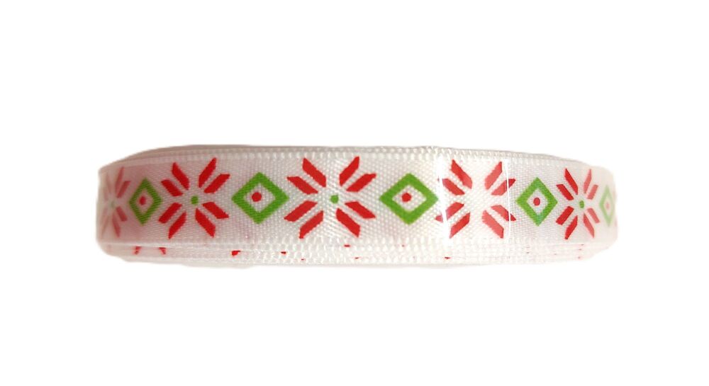 Christmas Satin Ribbon 10mm Wide - Sold 5m Roll Red & Lt Green Crosses on White