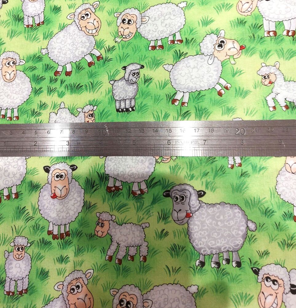 Fabric Funny Farm Sheep 112cm wide 1.8 metre length Green