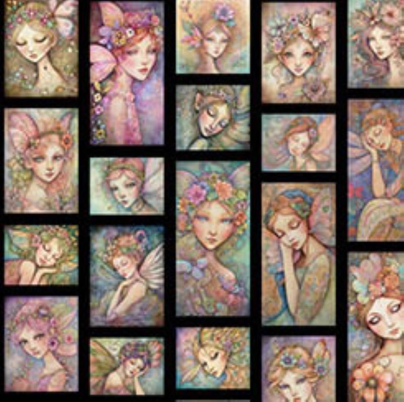 Enchanted Portrait Fairies 112cm (44") Wide by QT Fabrics FQ, 1/2 metre, 1 metre 6202-365 Navy