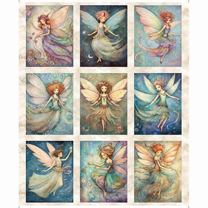 Enchanted Fairies 9 Pics Block Panel by QT Fabrics 90cm x 110cm approx 6205-113 Cream