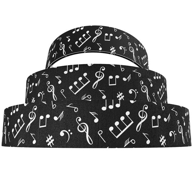 Musical Notes Grosgrain Ribbon 16/22mm Wide - Sold per Metre Black