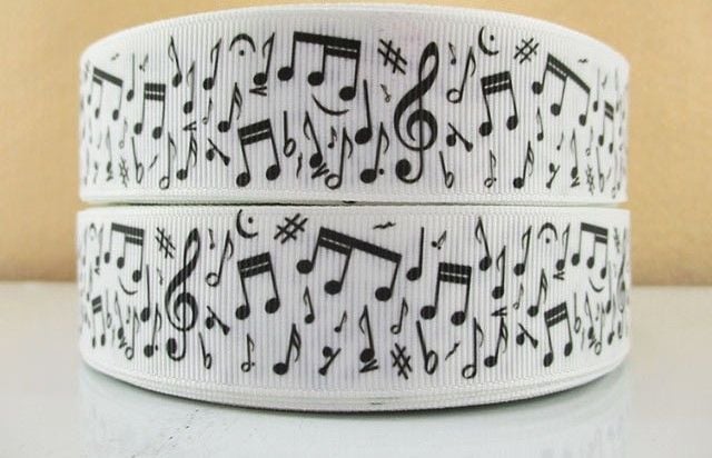 Musical Notes Grosgrain Ribbon 25mm Wide - Sold per Metre White