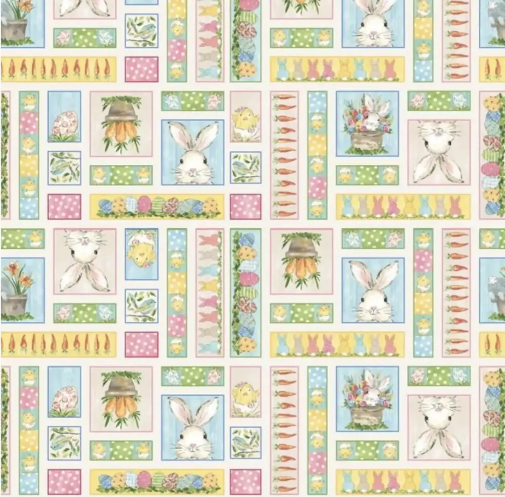 Peek a Boo Bunnies Blocks Rabbits Easter 1569-44 Henry Glass 112cm Wide FQ, 1/2m, 1m Cream