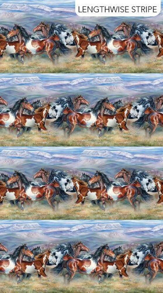 Wild and Free Horses Border Style by Elizabeth Studios 112cm Wide FQ, 1/2m, 1m