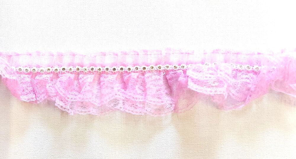 Gathered Lace with Crystals Rhinestones Double Layer 40mm Wide Pink
