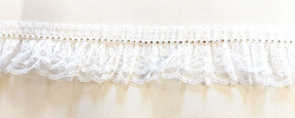 Gathered Lace with Crystals Rhinestones Double Layer 40mm Wide White