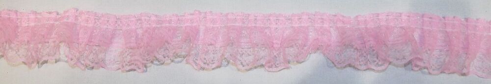 Lace Gathered Ribbon Trim 45mm wide Sold per metre Baby Pink