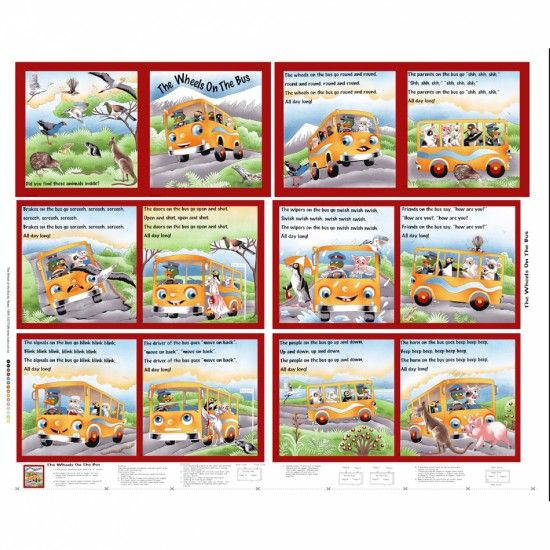 Wheels on the Bus Fabric Cloth Panel by Nutex 90cm x 112cm Multicol