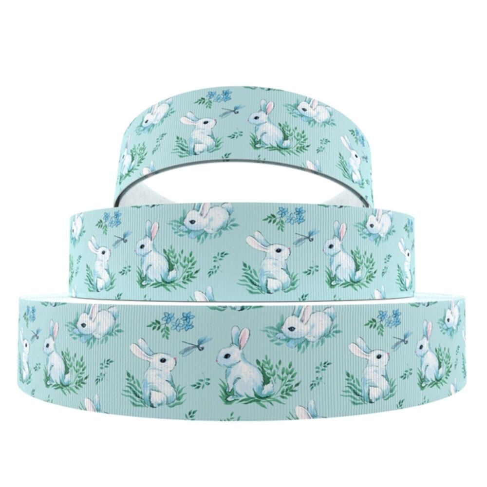 Easter Bunny Printed Grosgrain Ribbon 16/22mm Wide Sold per metre Blue