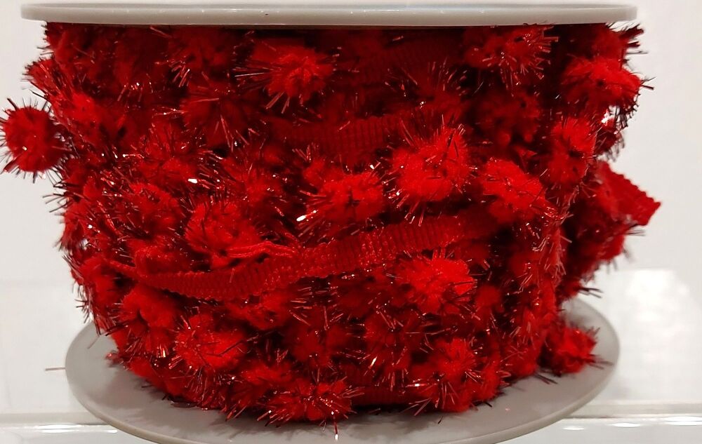 Sparkly Pom Pom Bobble Trim Red