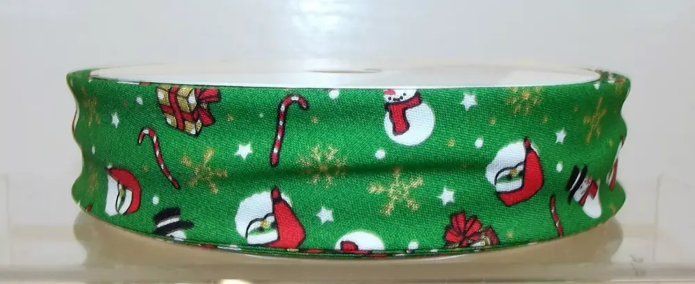 Christmas Bias Binding 30mm Wide 100% Cotton Santa & Snowman Green