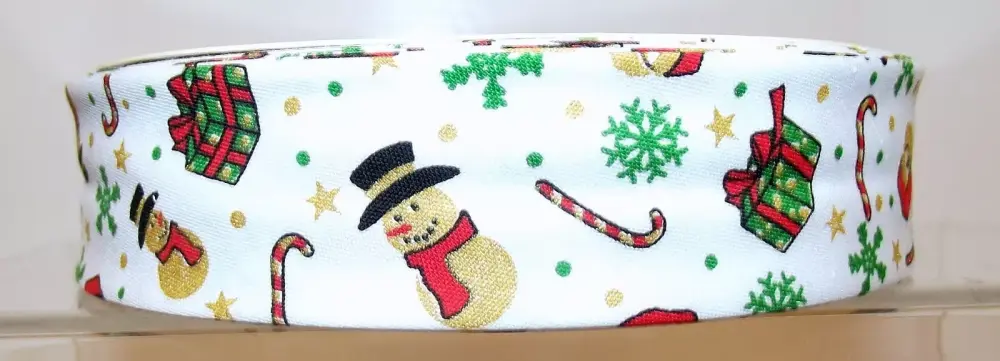 Christmas Bias Binding 18mm Wide 100% Cotton Santa & Snowman White