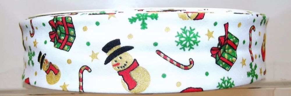 Christmas Bias Binding 30mm Wide 100% Cotton Santa & Snowman White