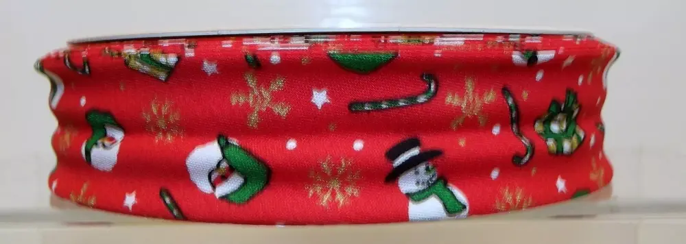 Christmas Bias Binding 30mm Wide 100% Cotton Santa & Snowman Red