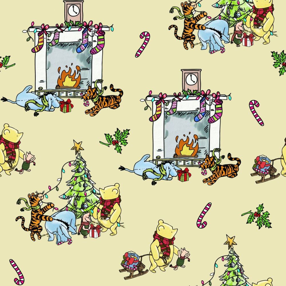 Winnie the Pooh Christmas Day Fabric 112cm (44") wide approx. Sold as FQ, 1/2m 1m