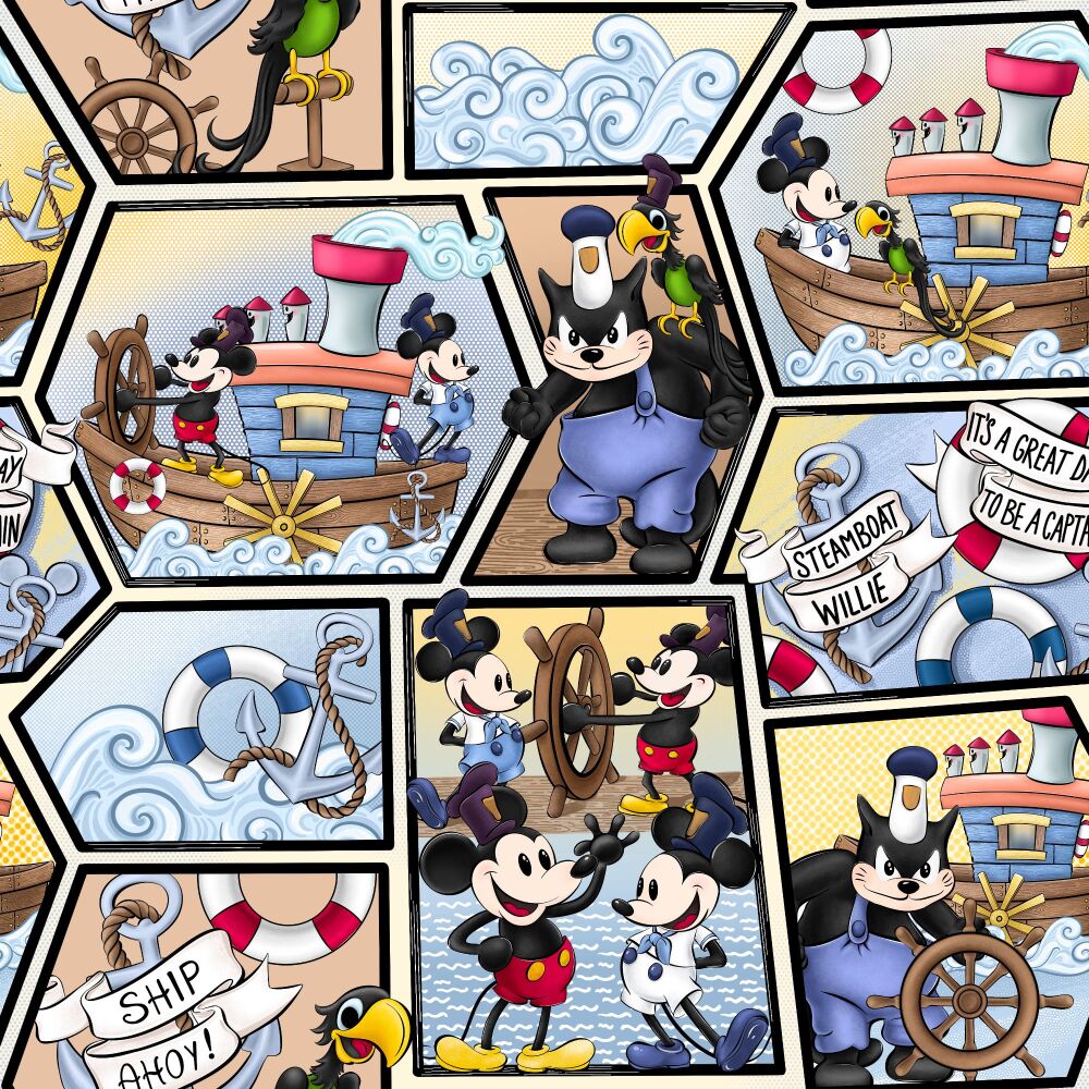 Steamboat Willie Mickey Mouse Fabric 112cm (44") wide approx. Sold as FQ, 1/2m 1m