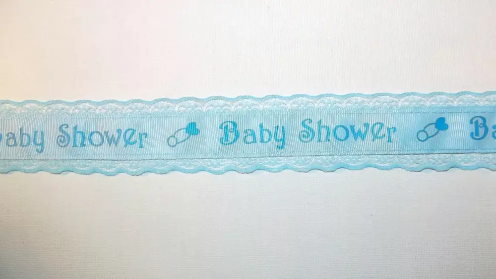 Baby Shower Grosgrain Ribbon with Lace Edge 40mm Wide Blue Sold per metre