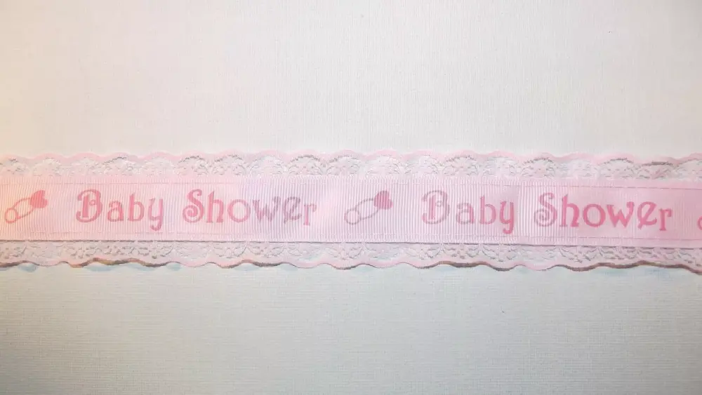 Baby Shower Grosgrain Ribbon with Lace Edge 40mm Wide Pink Sold per metre