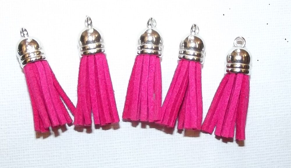 Tassels Faux Suede Leather Charms Keyrings Crafts Fuchsia Pink #2  Silver Top Pks of 5