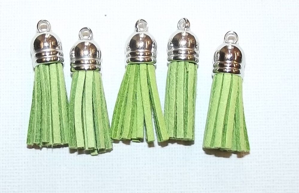 Tassels Faux Suede Leather Charms Keyrings Crafts Grass Green #21 Silver Top Pks of 5